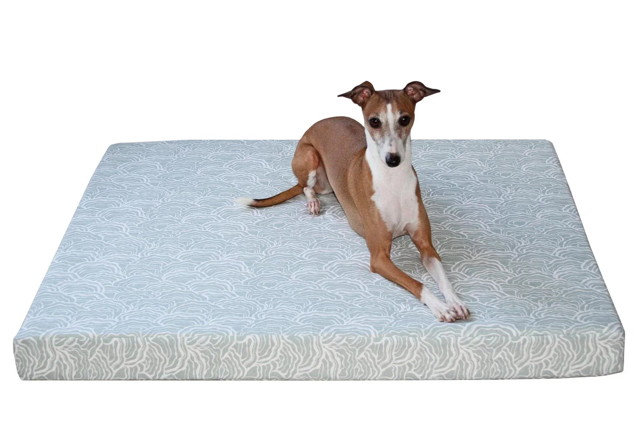 Red dog on blue grey organic cotton dog bed cover