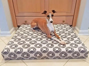 greyhound dog laying on organic orthopedic dog bed in white and brown picasso print