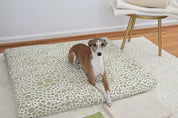 red and white dog on orthopedic dog bed in pebbles fabric