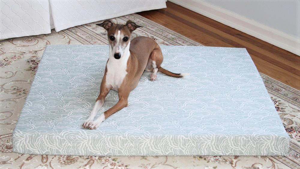 greyhound dog laying on orthopedic dog bed in light blue grey scalloped lichen